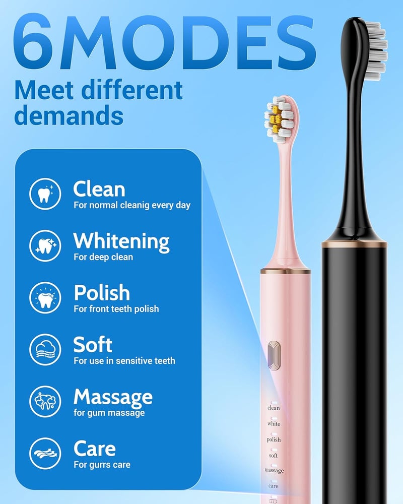 Aneebart Black & Pink Electric Toothbrush for Adults, 2 Pack Toothbrush，USB Rechargeable Sonic Toothbrush with 12 Brush Heads, Smart Timer, 6 Modes, 2-Hour Fast Charge Last 30 Days - Image 3